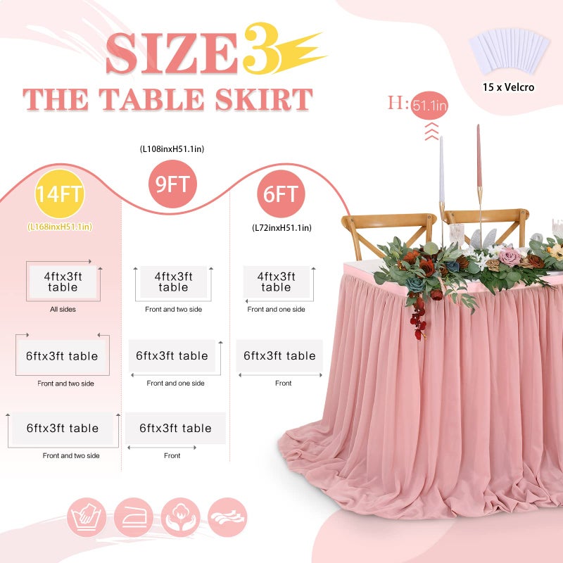 QueenDream 14FT Dusty Rose Chiffon Table Skirt Sheer Rectangle Tablecloth for Wedding 1st Baby Girl Birthday Party Bridal Shower Decoration - Image 3
